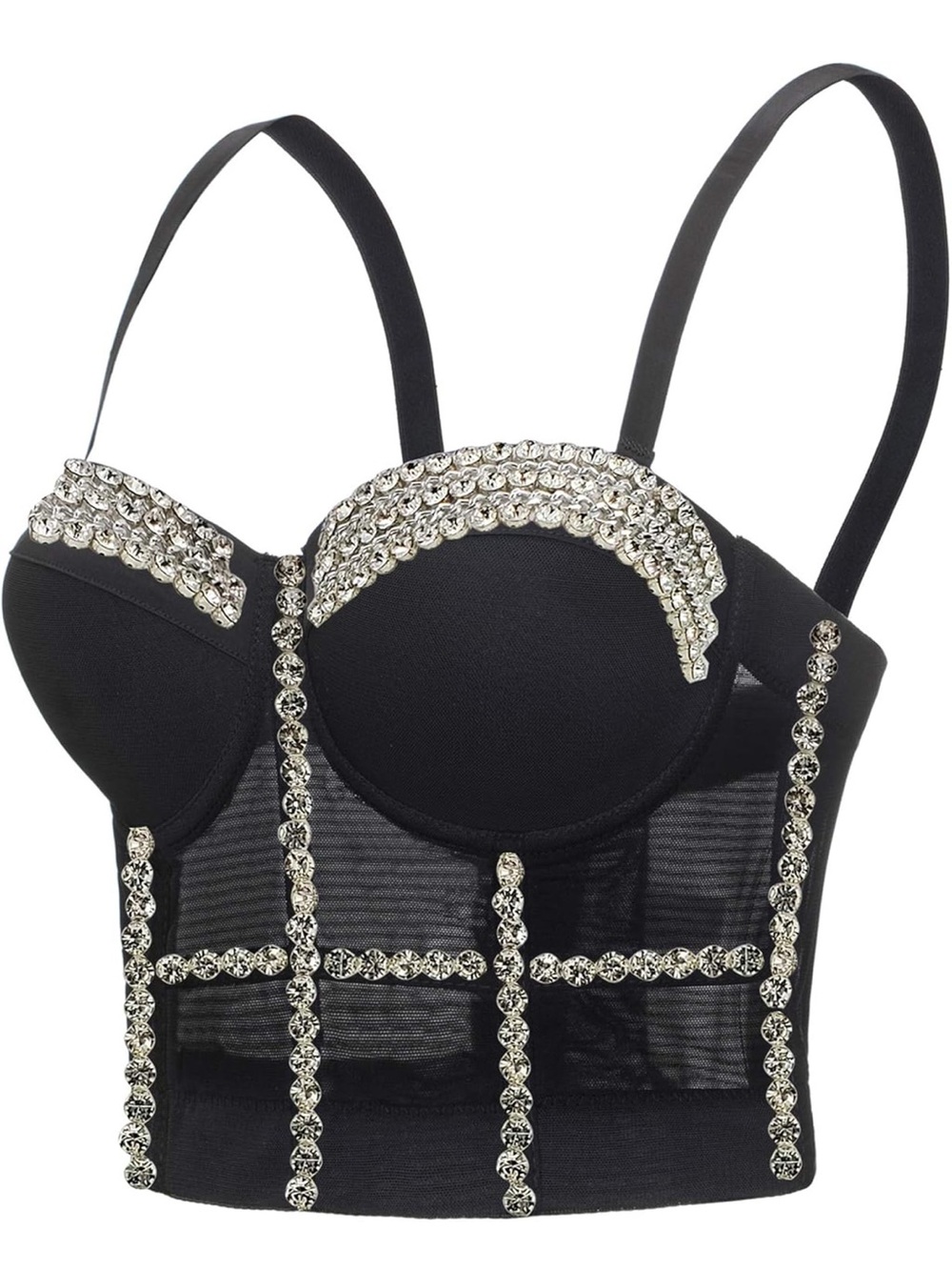 Crystal-Embellished Push Up Black Bustier Crop Top